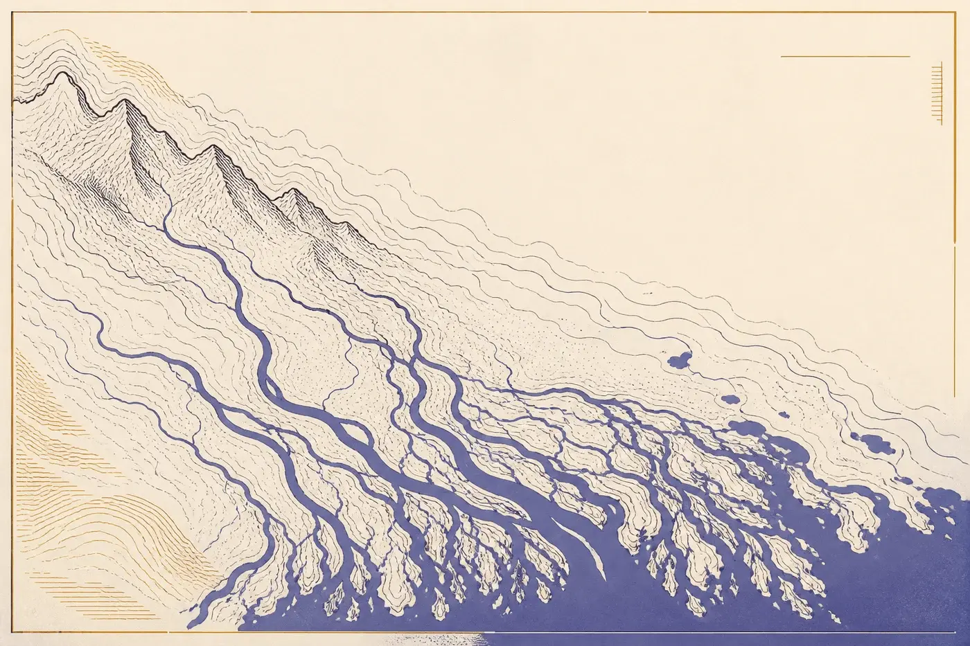 Abstract survey plate of Himalayan contours draining into the delta